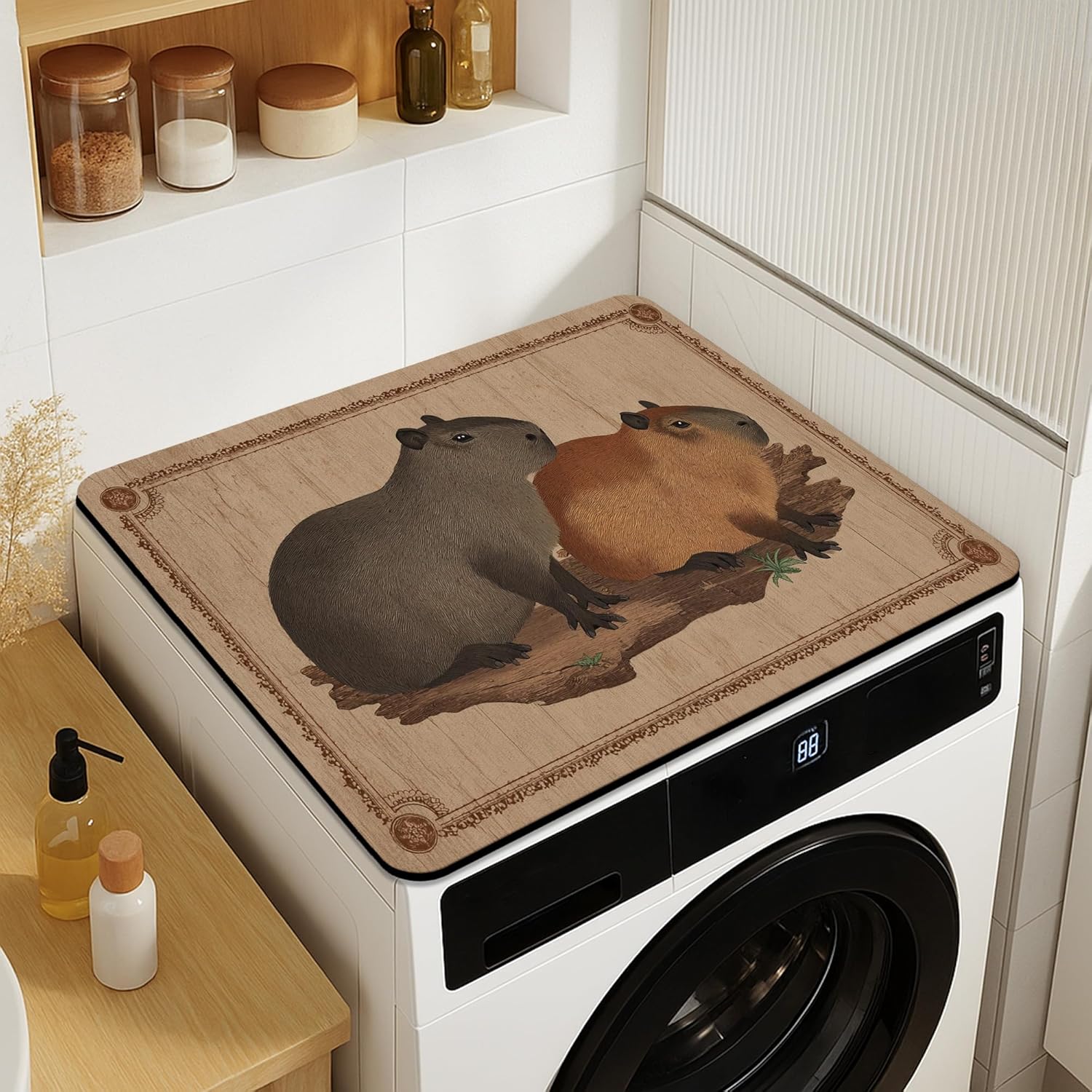 Capybara Washer Dryer Top Protector Mat, Vintage Animal Pattern Laundry Machine Dust Cover, Nature-Themed Rubber Anti-slip Waterproof Washing Machine Mats for Laundry Room 20x24 Inch