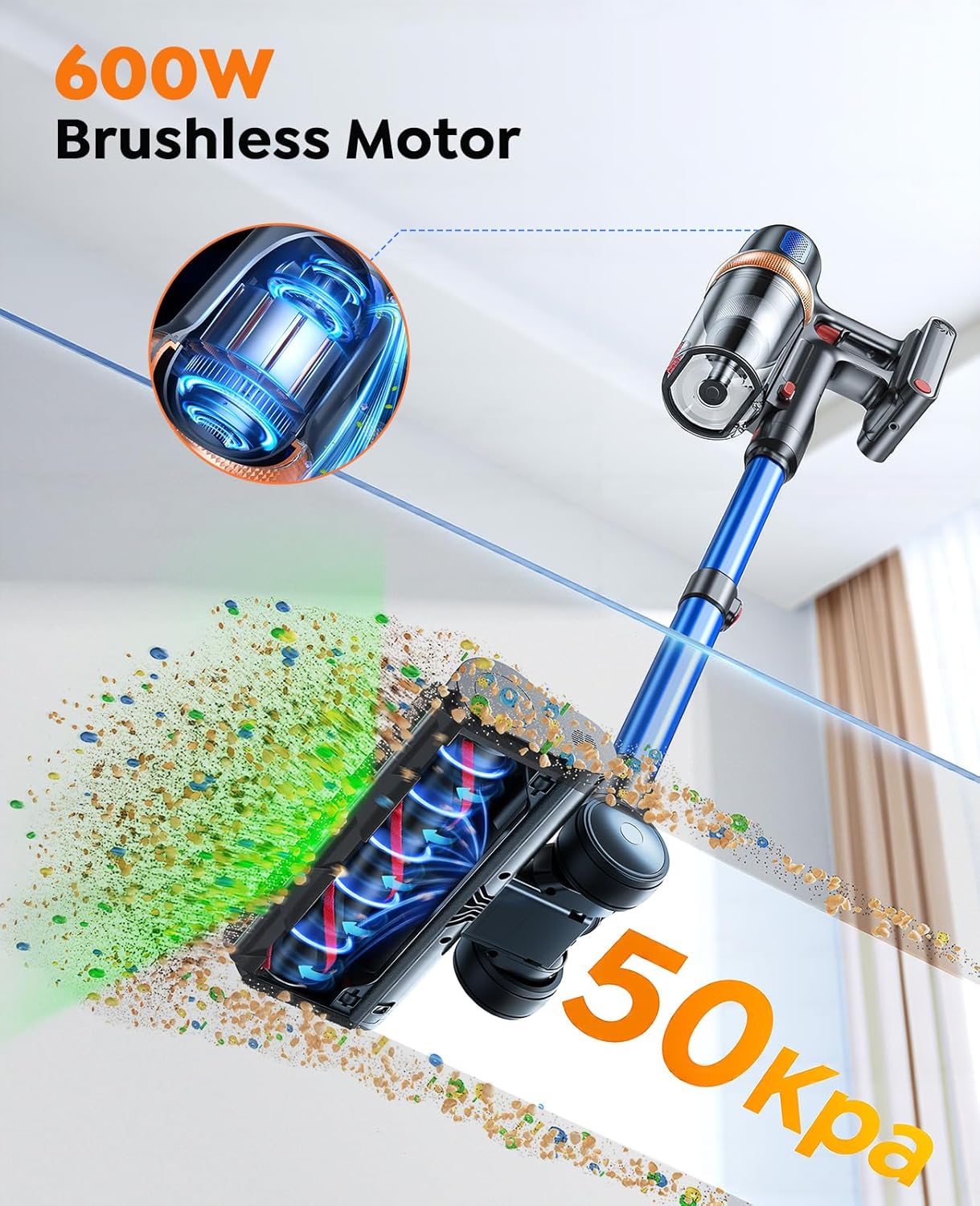 Cordless Vacuum Cleaner, 600W 50KPA 65Mins Vacuum Cleaners for Home, Upgraded Stick Vacuum with Extra Mattress Cleaning Tool, Self-Standing, Anti-Tangled Vacuum Cordless for Pet Hair/Floors/Carpets