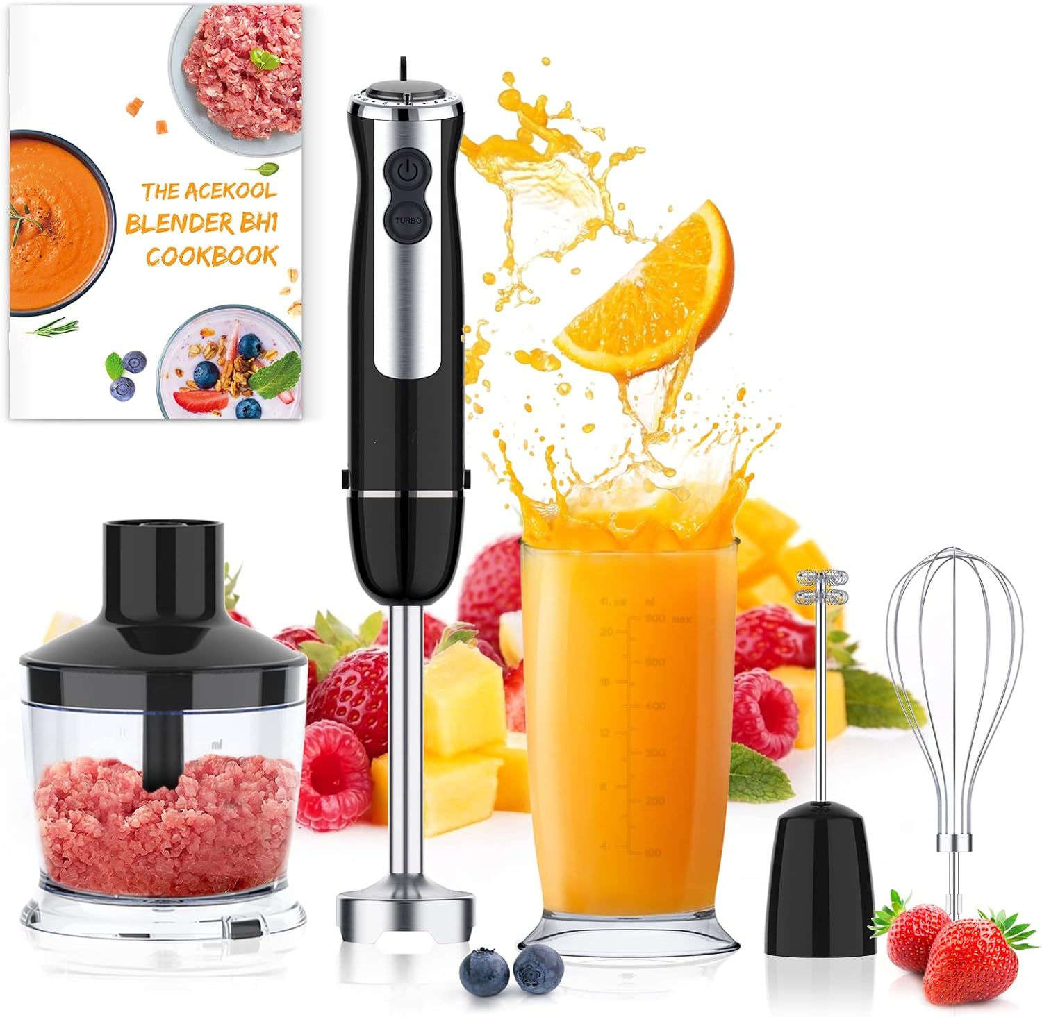 Handheld Blender 5-in-1, Immersion Hand Blender 800W Powerful Copper Motor, 12 Speed Turbo Mode, 20oz Beaker with Measuring Mark, 17oz Food Chopper for Smoothies Stainless Steel Blades, Whisk
