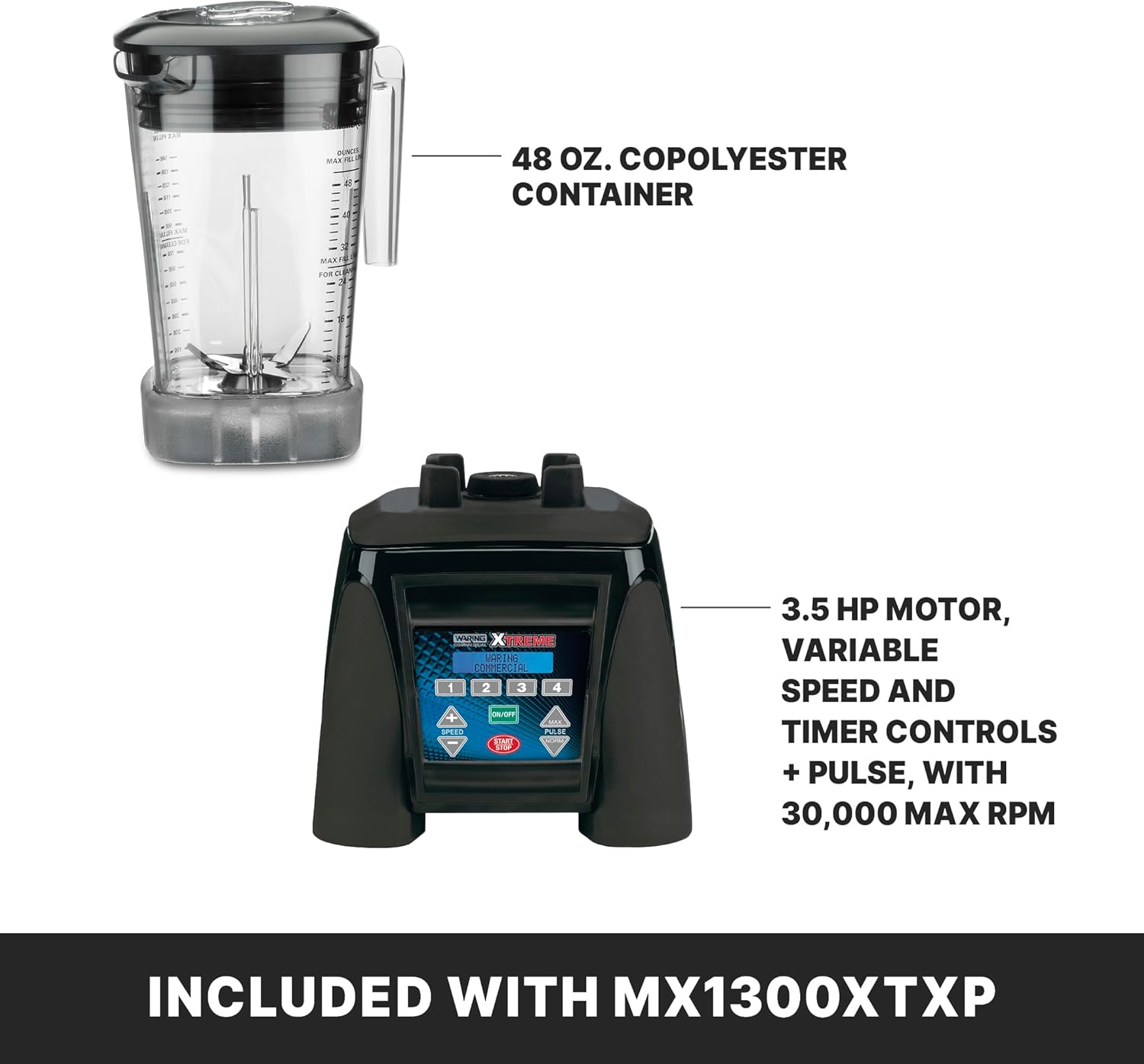 Waring Commercial MX1300XTXP 3.5 HP Blender with 4 recipe programable LCD Display and a 48 oz. BPA Free Copolyester Container, 120V, 5-15 Phase Plug