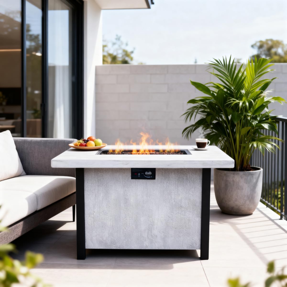 44-inch Rectangle Propane Fire Pit Table, 50,000 BTU Outdoor Patio Heater with Charcoal Grain Texture & Cover, Black & White CSA Certified Gas Fire Pit for Garden