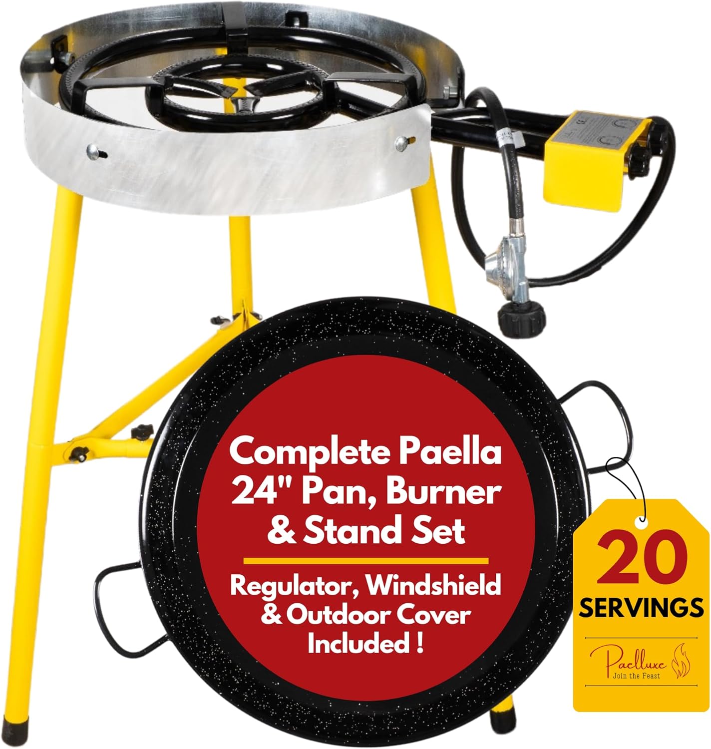 Paella Burner and Stand Set 20 Servings, 24 Inch Paella Pan, Dual Propane Outdoor Stove with Stand & Regulator, Portable Gas Cooker for Camping Crawfish Boil Cooking Outdoor, Paellera Propano