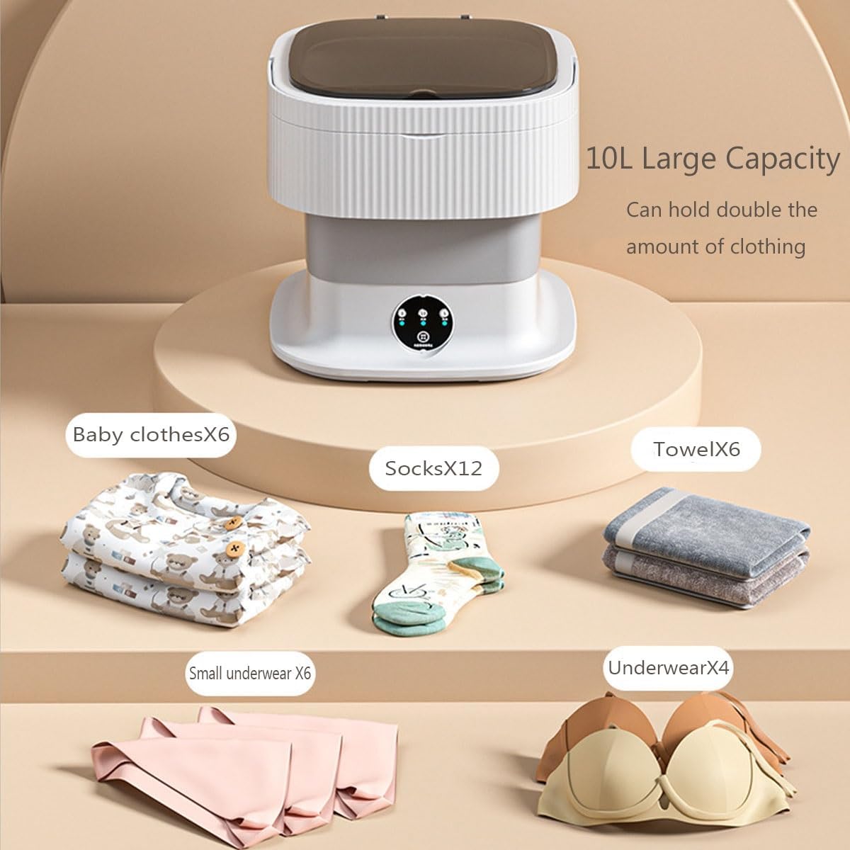 12X12X11in Foldable Washing Machine 10L Large Capacity Washer With Spin Cycle Basket And Drain Hose Travel Washing Machine For Home Dormitories Hotels(Beige)