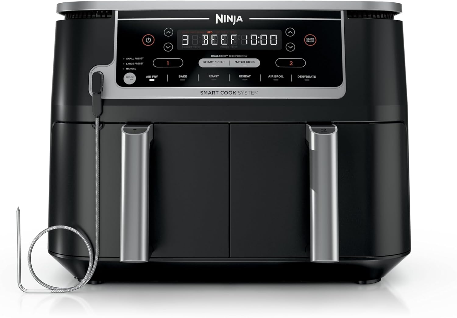 Ninja DZ550 Foodi 10 Quart 6-in-1 DualZone Smart XL Air Fryer with 2 Independent Baskets, Smart Cook Thermometer for Perfect Doneness, Match Cook & Smart Finish to Roast, Dehydrate & More, BLACK