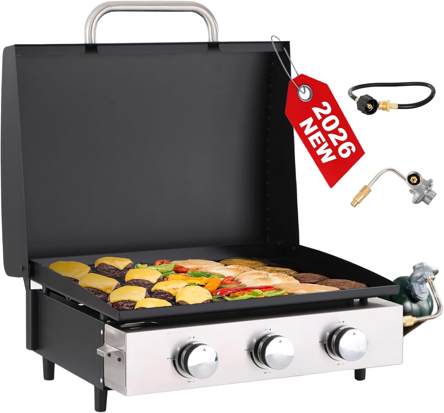 GREEN PARTY 22 inch Tabletop Griddle with Ceramic Coated Cast Iron Plate, 3 Burners Flat Top Griddle, Portable Propane Gas BBQ Grill Griddle for Kitchen Outdoor Cooking Barbecue Camping Tailgating