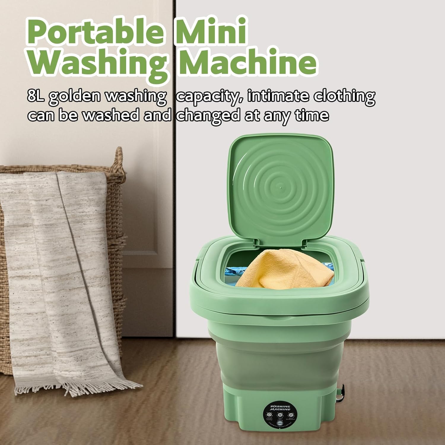 8 L Portable Mini Washing Machine, Foldable Washer and Spin Dryer with Drainage Basket, Electric Collapsible Washing Machine for Apartment Camping, RV, Travel, Underwear, Socks (Mint Green)