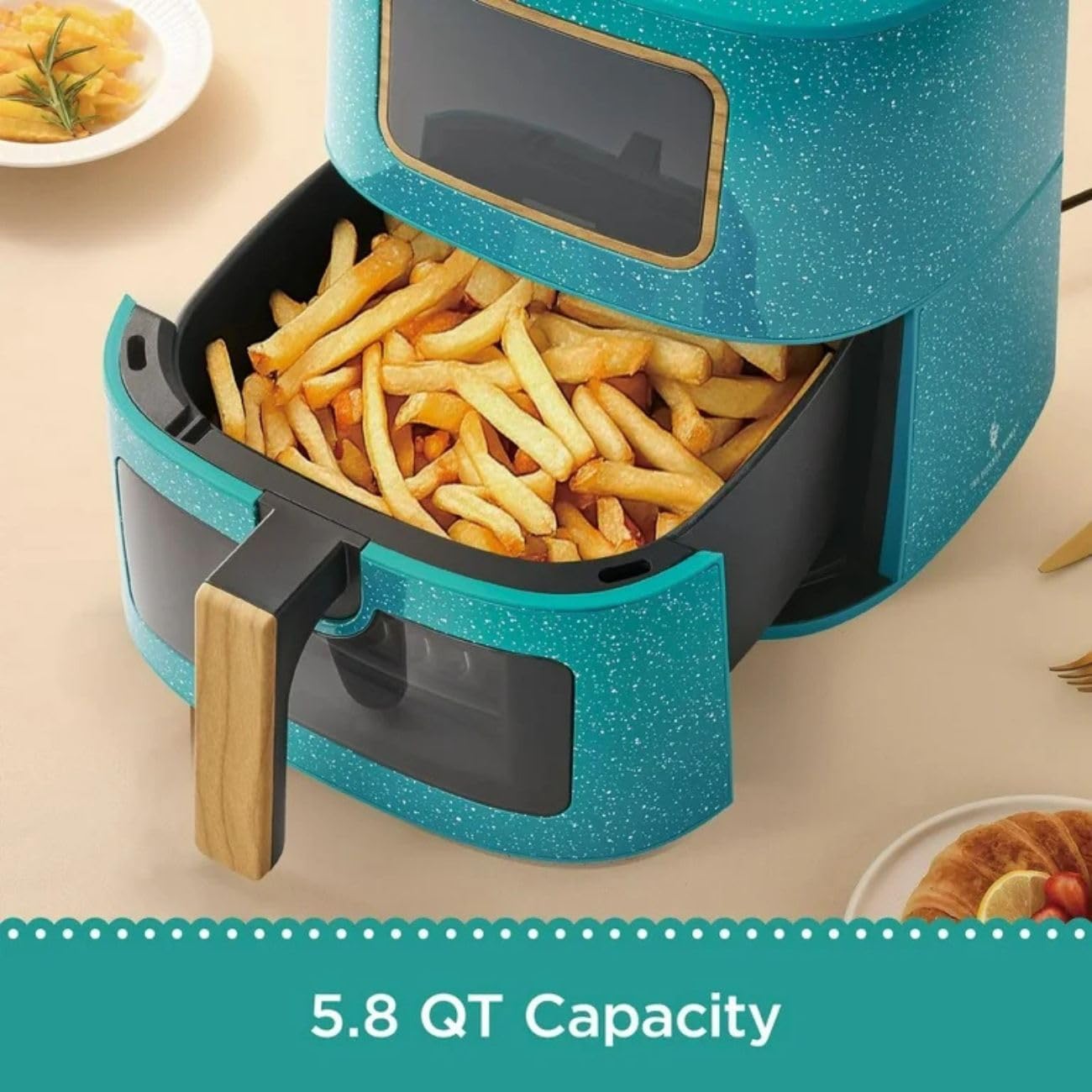 Pioneer Woman 5.8 Qt Digital Air Fryer – Teal Speckle Finish, Touchscreen with Window, Nonstick Basket, 1500W, 6 Smart Cooking Functions, Energy Efficient