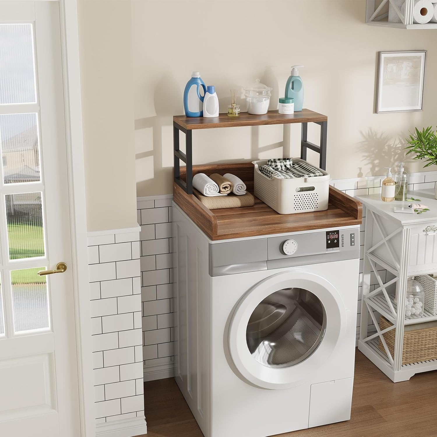 Washer Dryer Countertop with Shelf, 27.5″D x 27.5″W x 16.7″H, Countertop for Washer and Dryer Top with Non-Slip Pads and Edge Rails, Laundry Room Storage and Organization(Walnut)