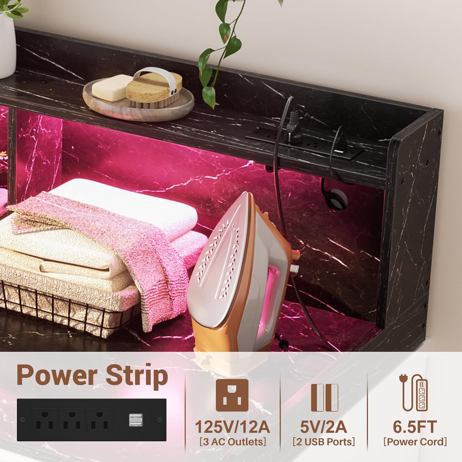 Aheaplus Washer and Dryer Countertop, 2-Tier Laundry Countertop Cover with LED Lights and Power Strip, Large Space Laundry Topper with Shelf for Laundry Room Organization, Black Marble