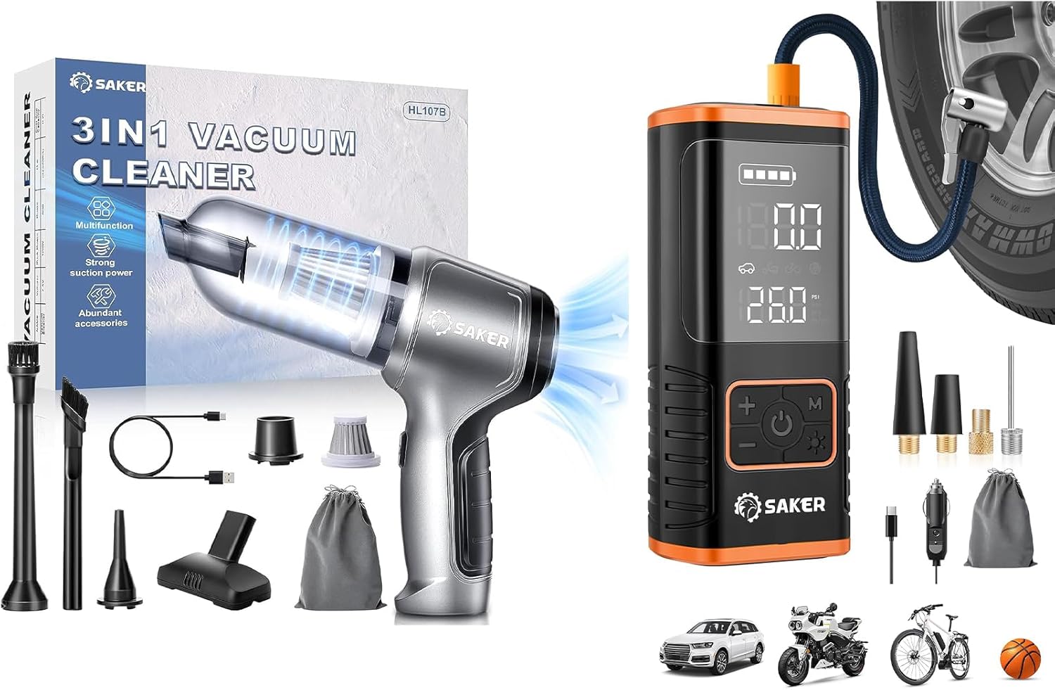 Saker Car Cleaning Combo Kit - 3-in-1 Cordless Handheld Vacuum (15000PA) + 150PSI Smart Tire Inflator with LED Light
