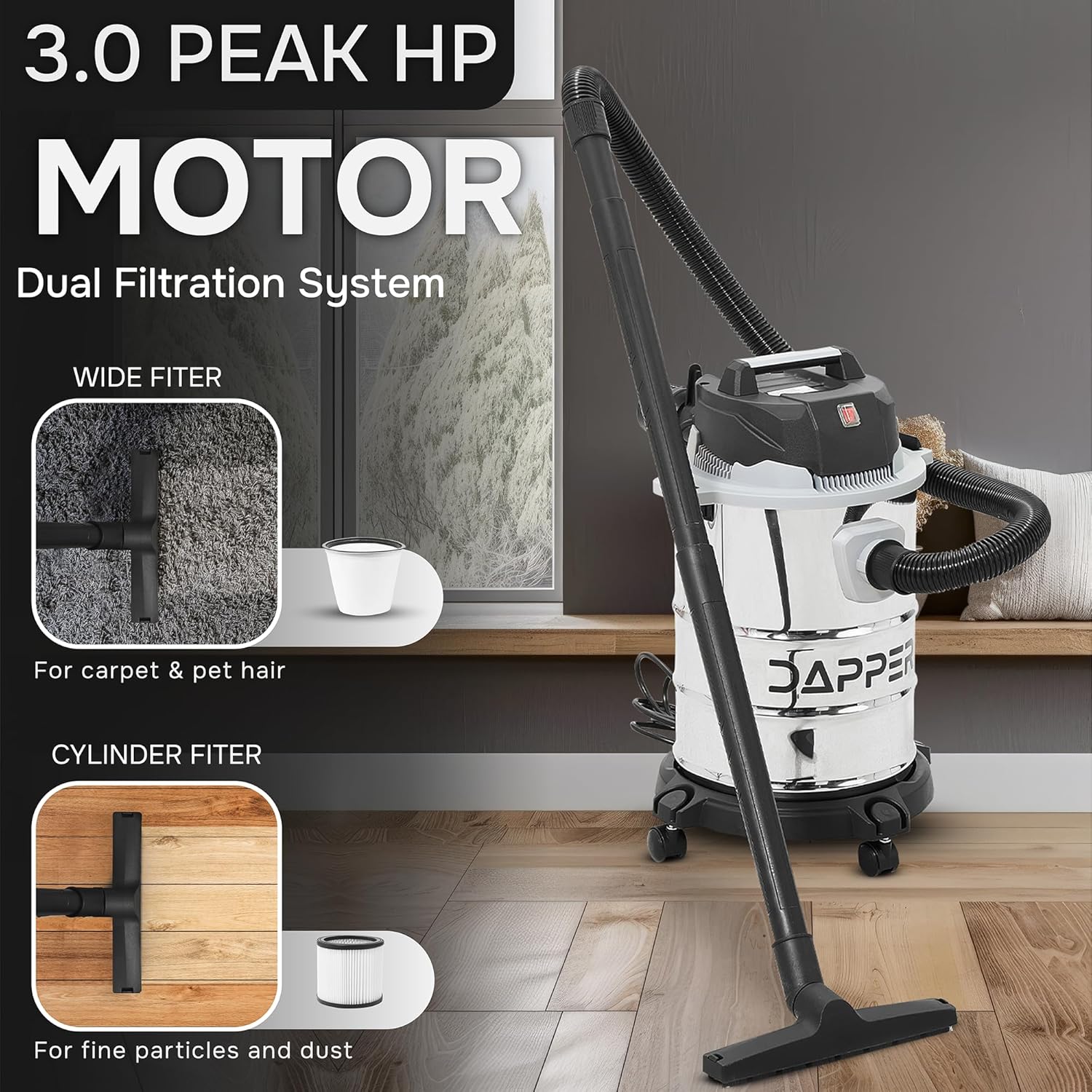 6 Gallon 3.0 Peak HP Wet/Dry Vacuum, Stainless Steel Tank, 3 in 1 Function Portable Shop Vacuum with Attachments, Ideal for Jobsite, Garage & Workshop.