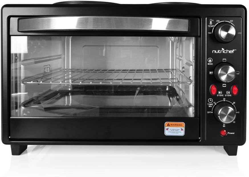 Updated Premium Version Multifunction Grill Oven, Dual Hot Plate, Toaster Oven w/Rotisserie, Grill/Griddle Top, Countertop Convection Oven, w/Wire Grill Rack, Baking Tray, Skewers, Tray Handles