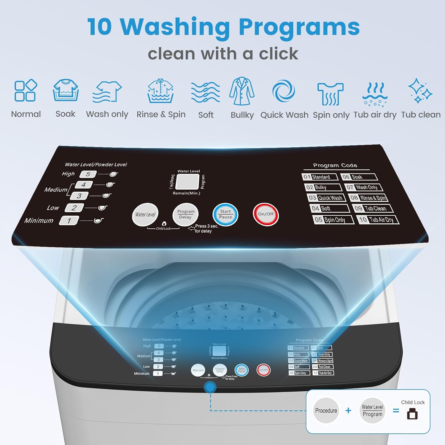VCJ Portable Washing Machine, 28 Lbs Full-Automatic Portable Washer with 10 Wash Cycles, 24 H Delays, LED Display, Electric Laundry Machine for Apartment, RVs, Dorms