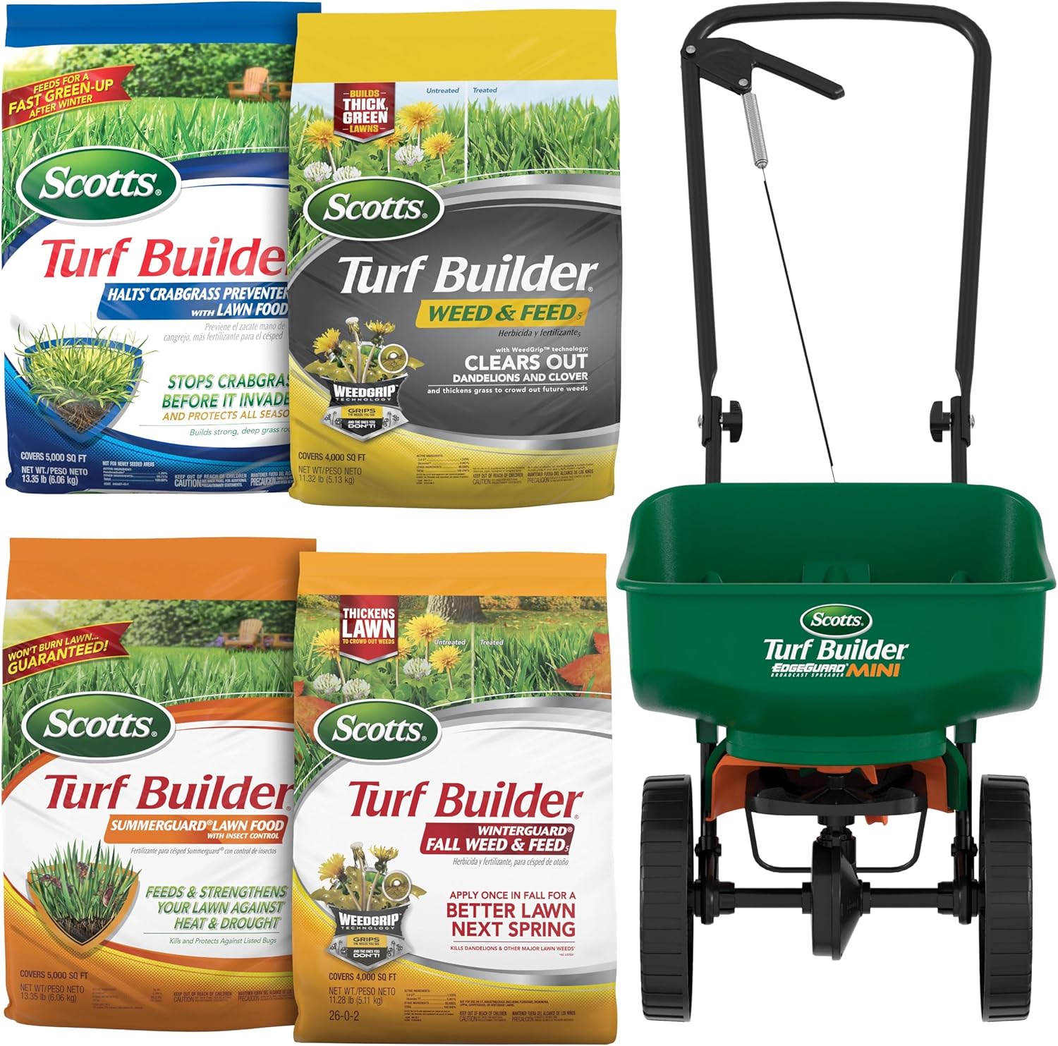 Scotts Turf Builder Bundle for Small, Northern Lawns and a Scotts Turf Builder EdgeGuard Mini Broadcast Spreader for Seamless Application