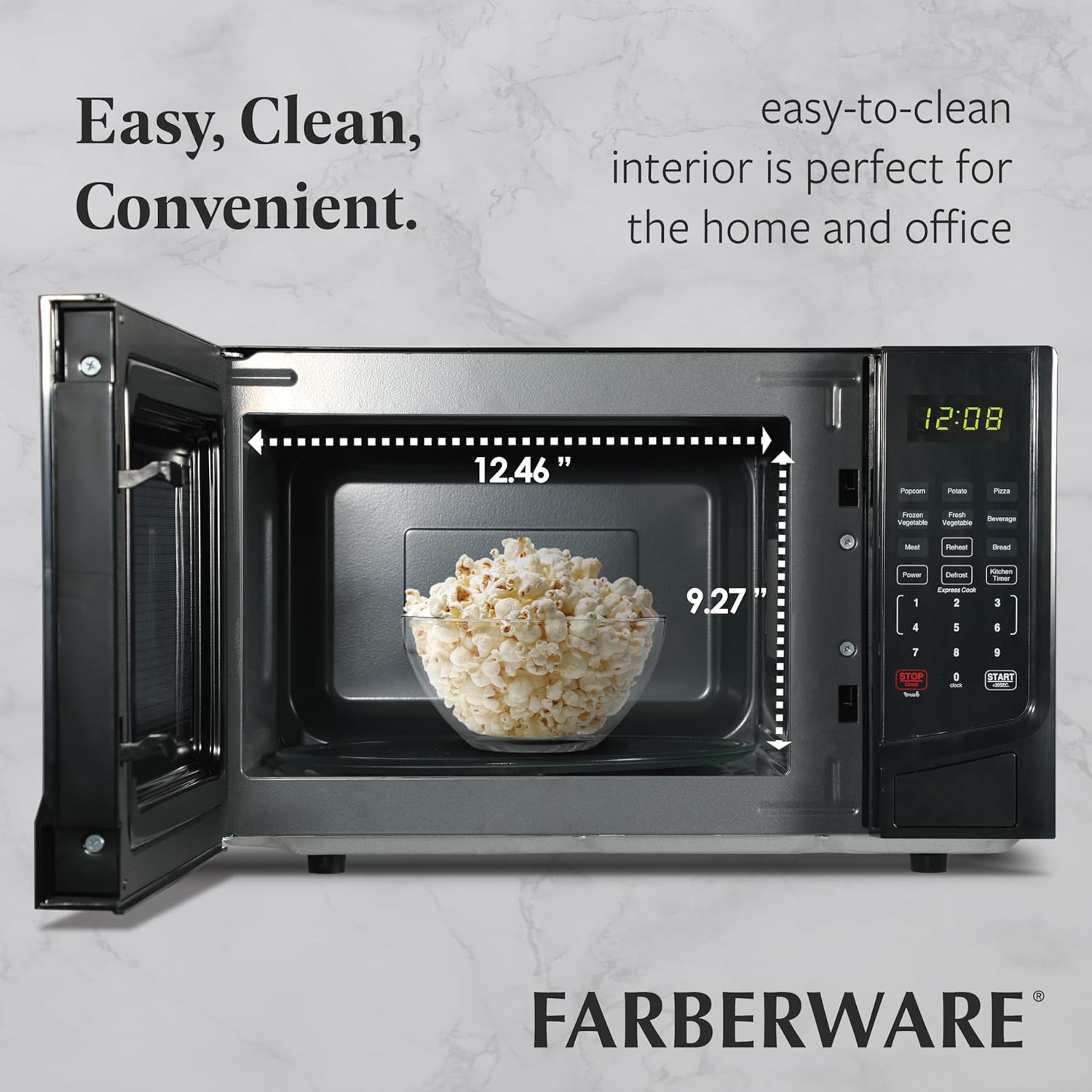 Farberware 0.9 Cu. Ft. Black Microwave Oven, 900W with LED Display, 10 Power Levels, 8 Auto-Cook Presets, Express Cooking & Defrost