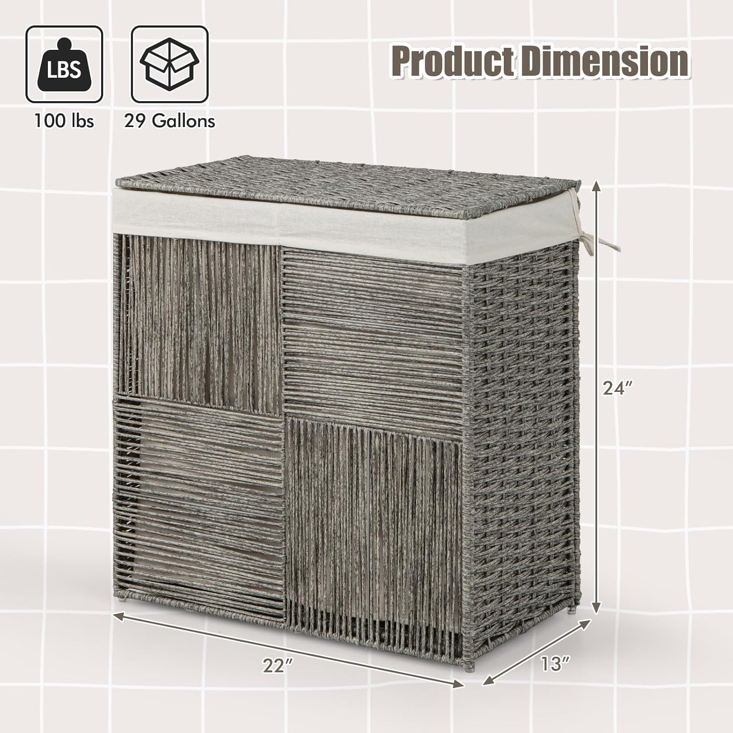 Giantex Laundry Hamper with Lid, 29 Gal (110L) Wicker Laundry Basket with 2-section Liner Bag, Removable & Washable, Foldable PP Rattan Clothes Hamper with Handle for Bathroom Bedroom (Gray)