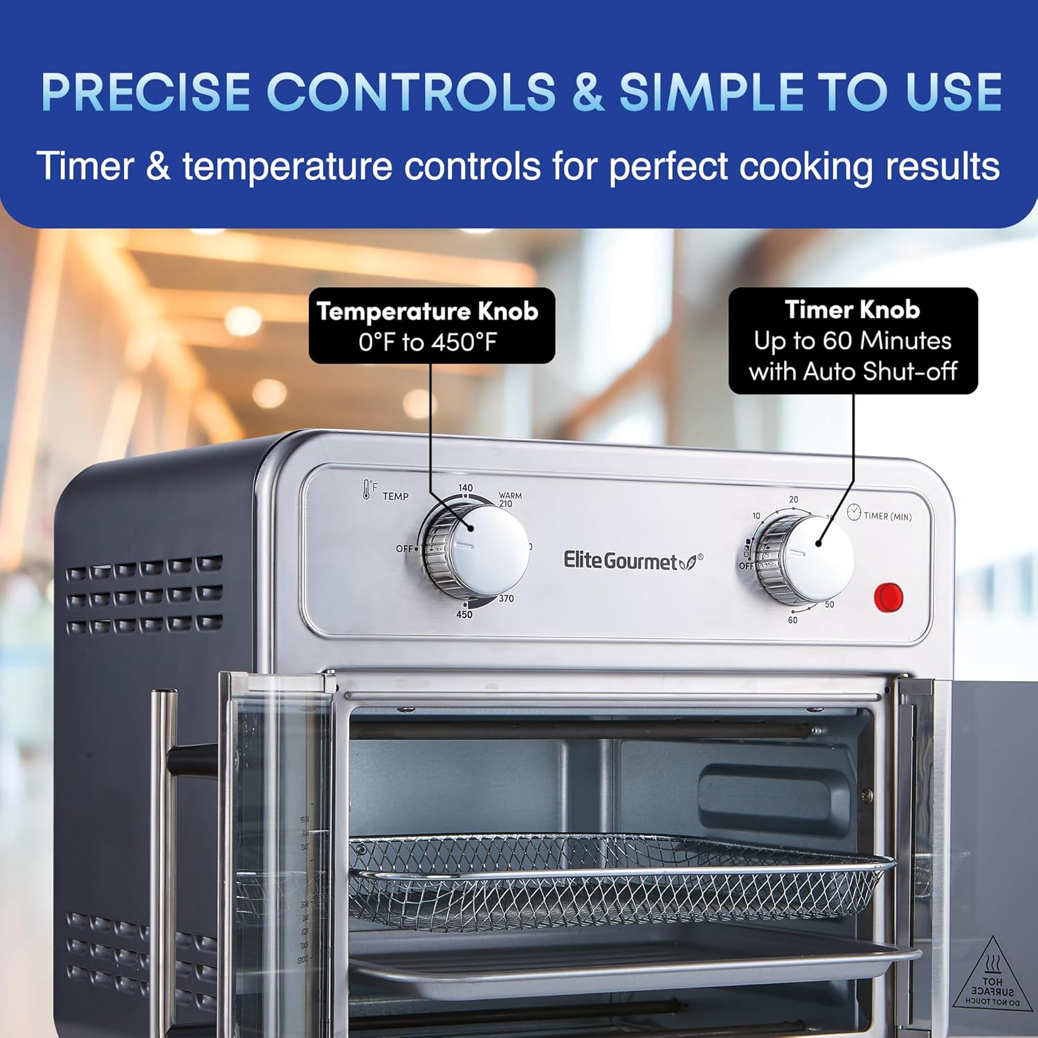 Elite Gourmet EAF1222SS Air Fryer Oven Double French Doors, Bake, Grill, Roast, Broil, Rotisserie, Toast, Warm, Air Fry, Dehydrate, 1500 Watts, with 25 Recipes, 12L. Capacity, Stainless Steel