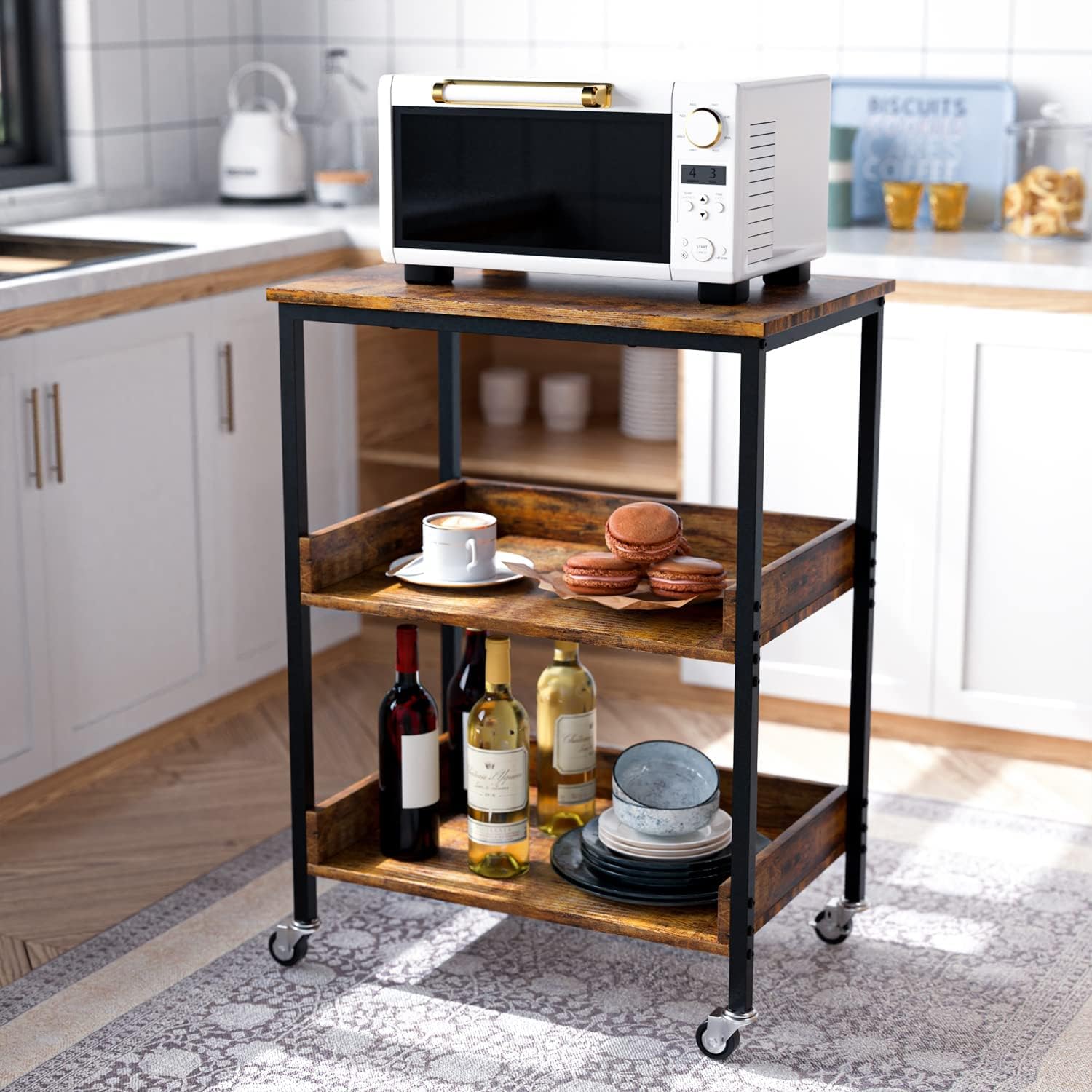 ASTARTH Kitchen Microwave Cart, 3 Tier Rolling Utility Cart on Wheels Coffee Cart, Storage Islands for Living and Kitchen Room