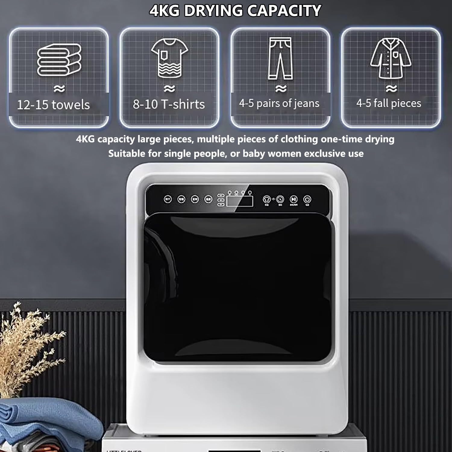 Small Tumble Dryer With LCD Smart Touch Panel, 4Kg Drying Capacity, 3 Temperatures, Stainless Steel Inner Tube, 36.3 Lbs Portable Dryers For Laundry 1000W