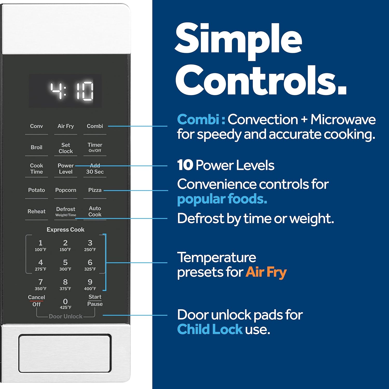 GE GCST10A1WSS 1.0 Cu Ft Convection Microwave Oven, 1050W Countertop Air Fry Microwave with Broil & Crisper Pan, Compact Stainless Steel Design