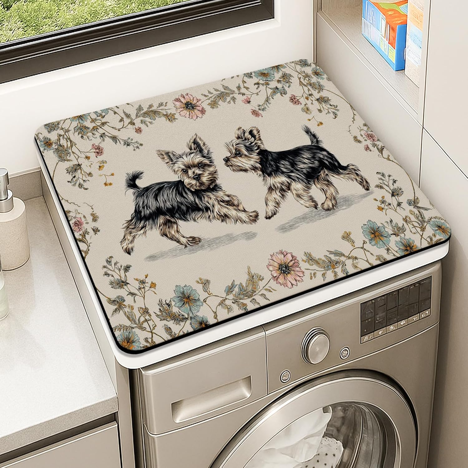 Yorkshire Terrier Washer Dryer Top Protector Mat, Vintage Floral Design Laundry Machine Dust Covers, Decorative Rubber Anti-slip Waterproof Washer And Dryer Mats for Home 24x24 Inch