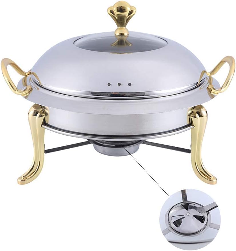 Fondue Pot Stainless Steel,Round Chafing Dish Buffet Set, Cheese Breakfast Family Daily Kitchen Outdoor Camping,Gold,0.66ft