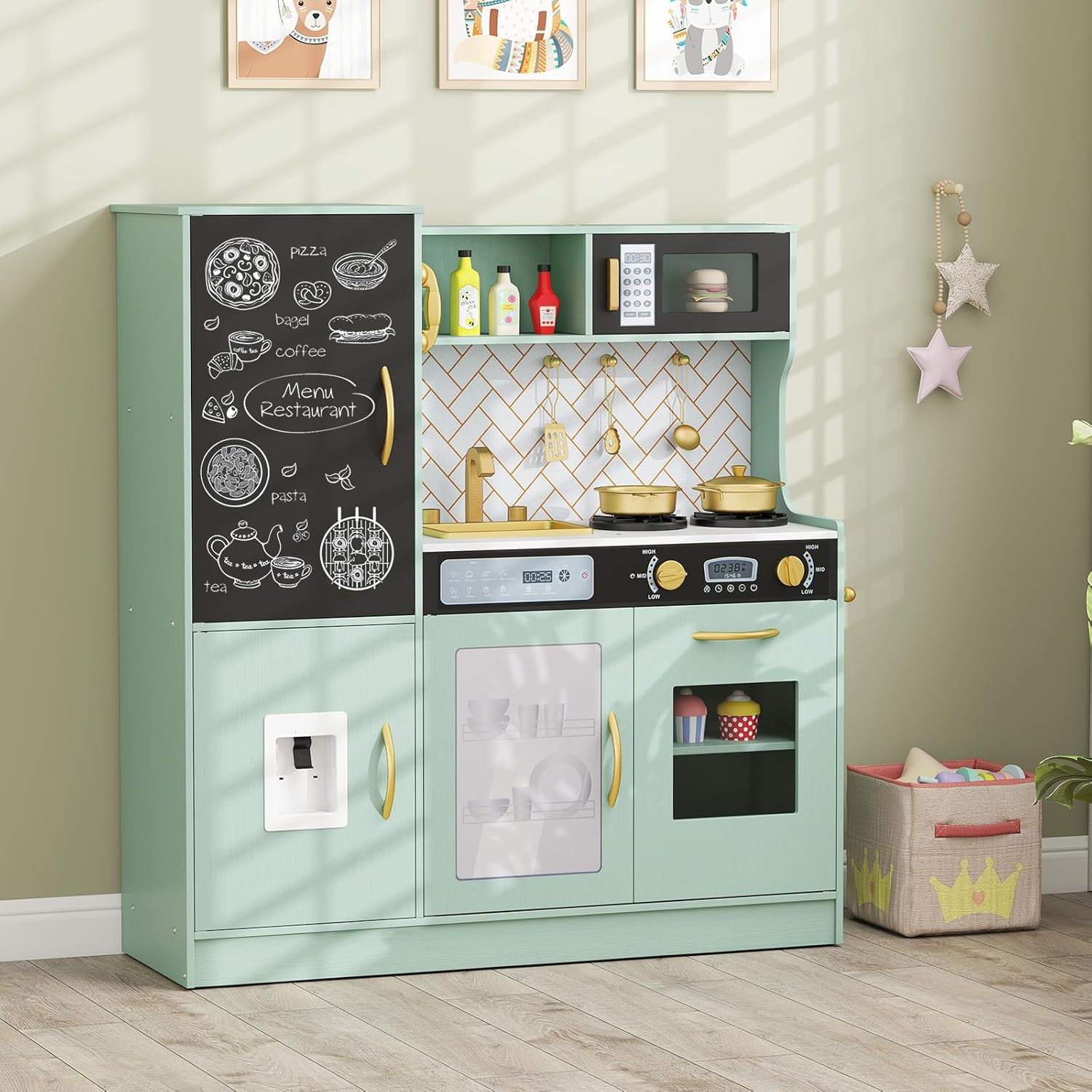 Costzon Kids Kitchen Playset, Large Wooden Chef Cooking Toy Set w/Real Sounds & Lights, Microwave, Blackboard, Oven, Ice Maker, Dishwasher, Play Phone, Utensils, Play Kitchen for Kids Ages 3+ (Green)