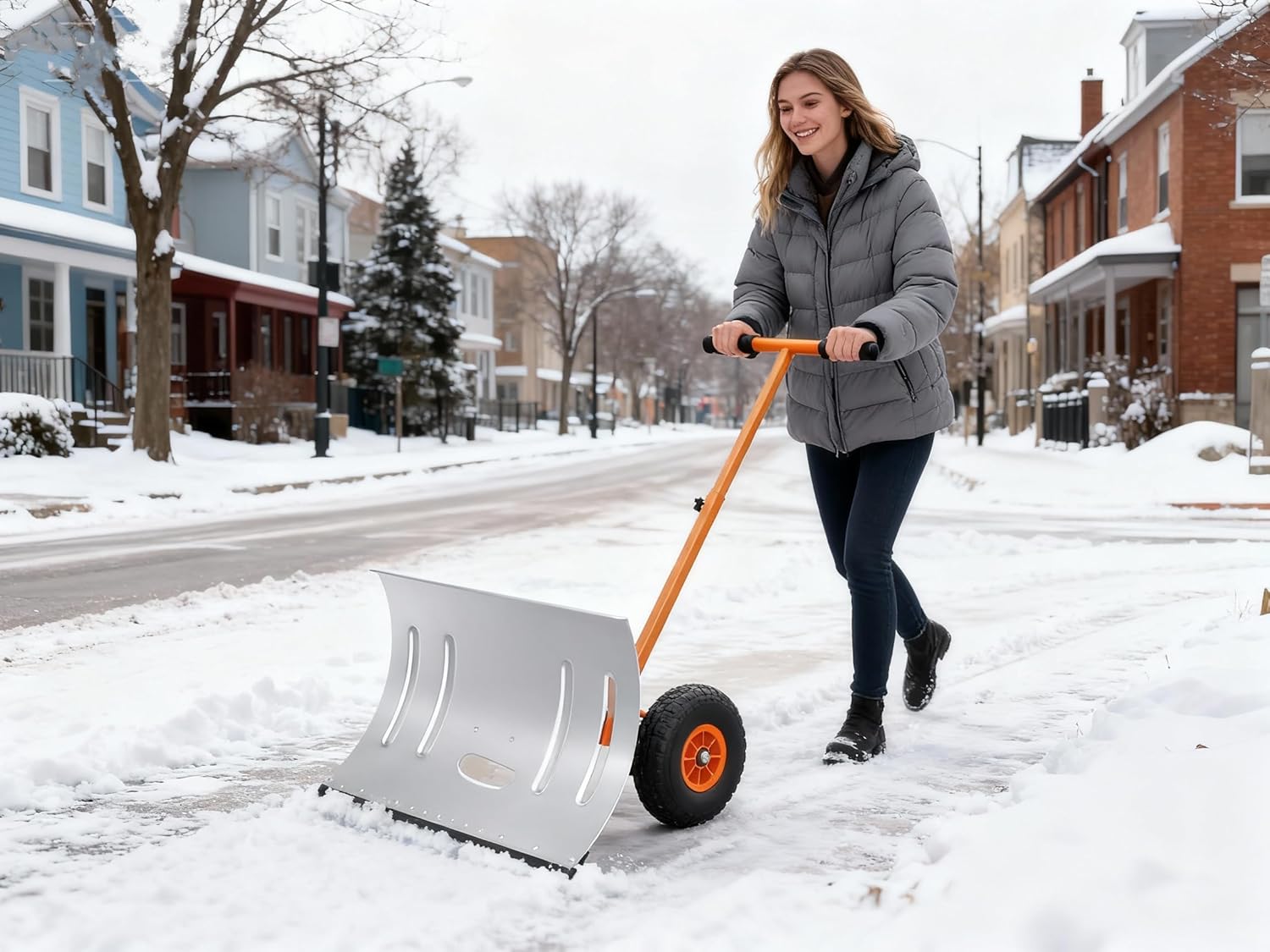 Garvee Snow Shovel Pusher for Driveway,Heavy Duty 2-Wheel Snow Shovel with Single Rod,29