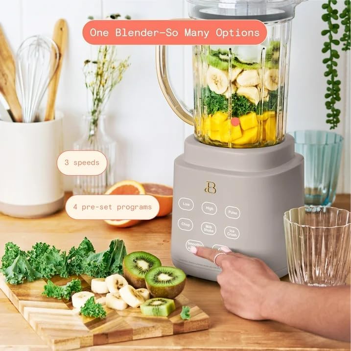 Beautiful PowerExact Blender System, Taupe by Drew Barrymore – 700 W Motor, PrecisionSense, Touch Display, 50 oz Tritan Pitcher + 20 oz Cup with No-Drippy Sippy Lid (White)