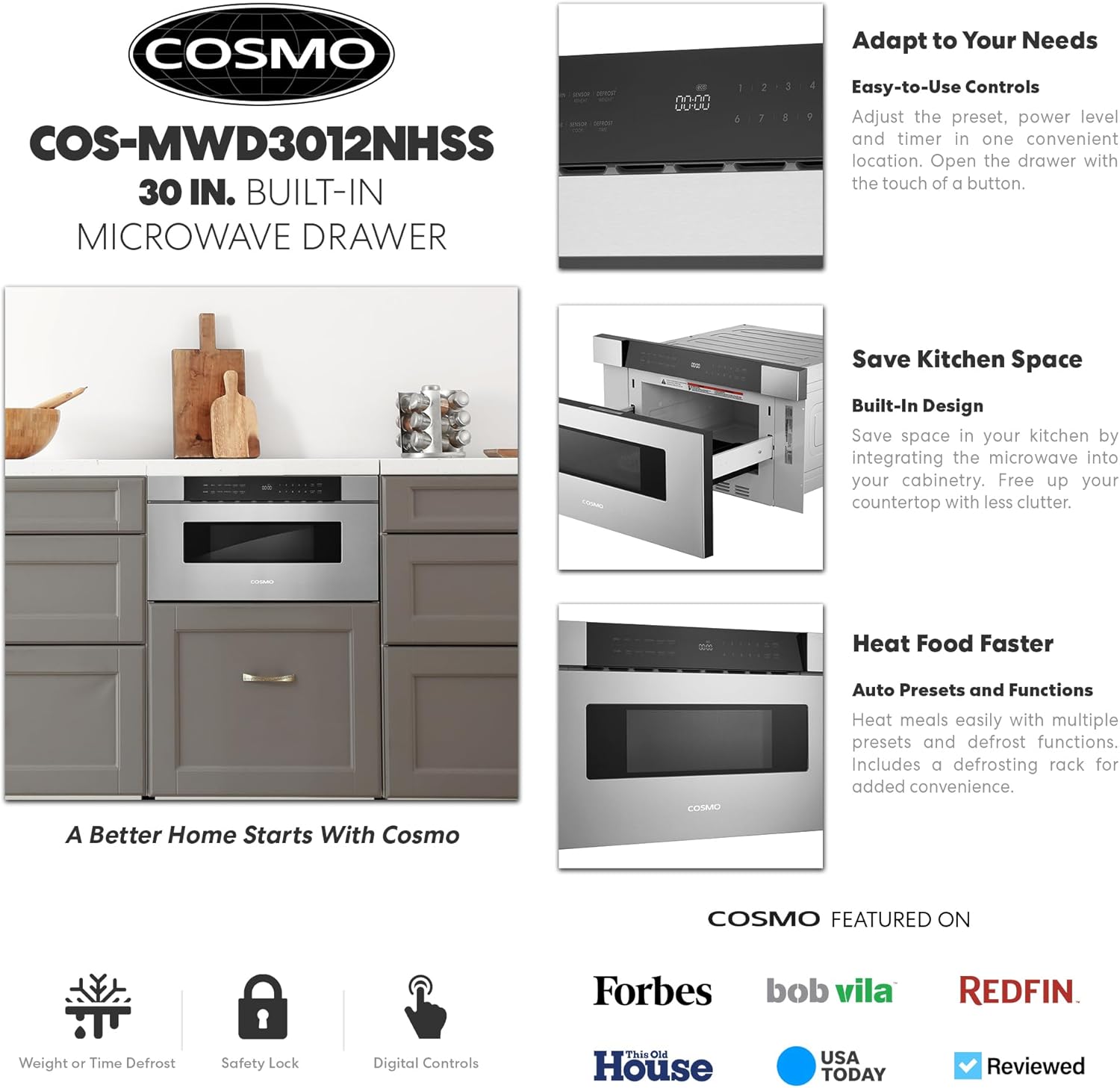 COSMO COS-MWD3012NHSS 30 in. Haven Collection 1.2 cu. ft. Built-in Microwave Drawer, Presets, Touch Controls, Defrosting Rack, Stainless Steel