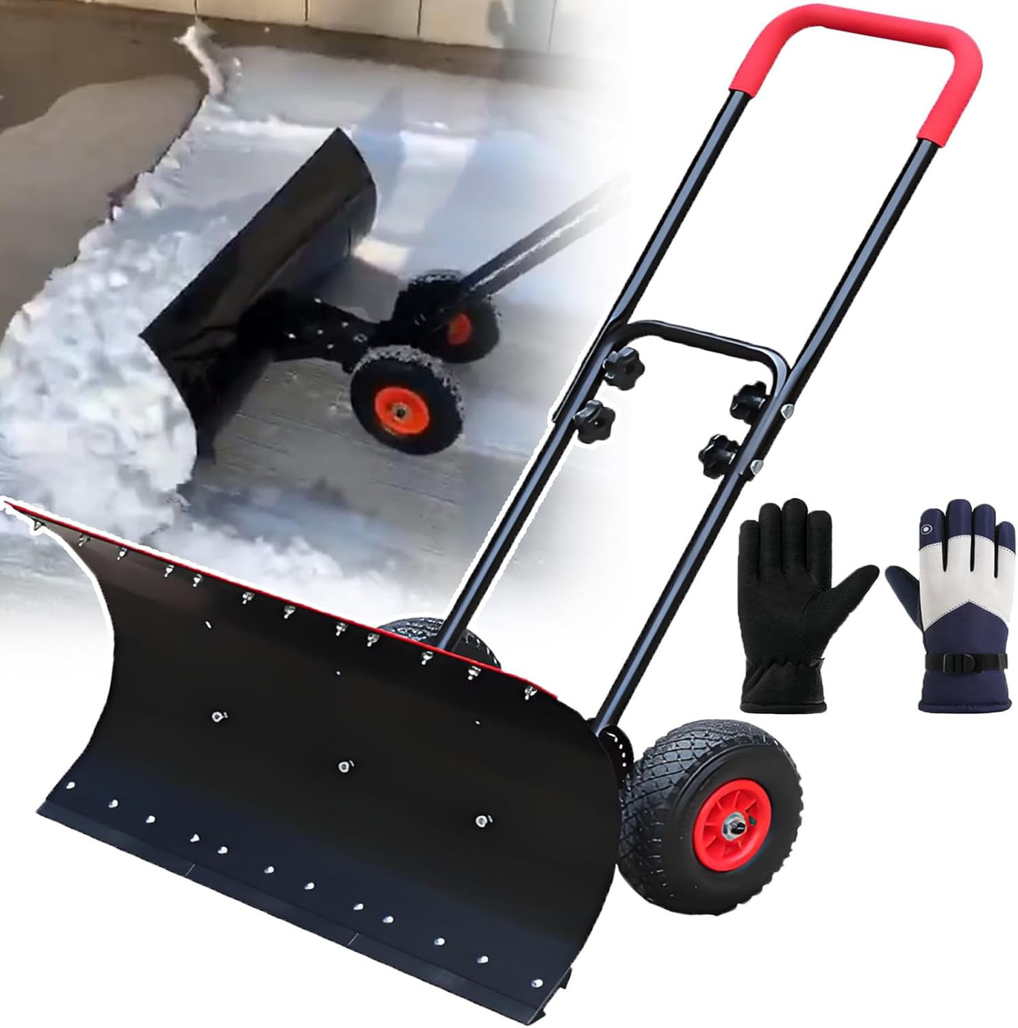 Protable Snow Pusher - W/Wheels Snow Shovel - Winter Snowplow, 2-in-1 Snow and Ice Removal, Double Pole + Inflatable Anti-Skid Tires + 4-Way Adjustment