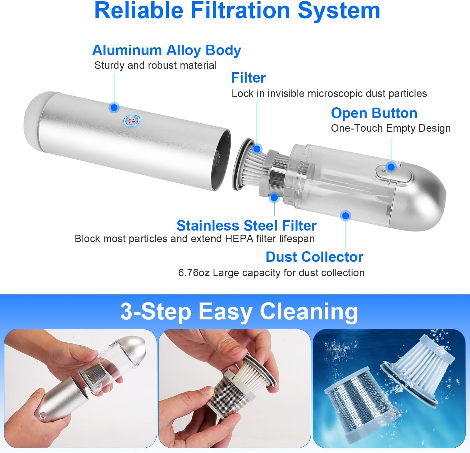 KOCASO Handheld Car Vacuum Cleaner 16000 Pa Powerful Suction with 2 Speeds High Efficiency Air Filter LED SOS Light，Rechargeable Lightweight Cordless Vacuum Cleaner for Car Office Home Keyboard