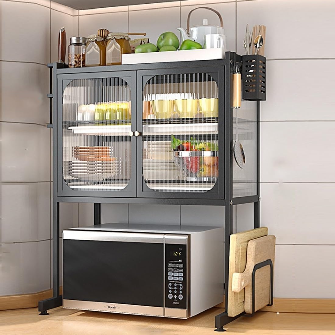 Countertop Microwave Oven Rack, Kitchen Dying Rack with Storage Cabinet Tableware Organizer Shelf with Draining Trays Knife/Chopping Board Holder