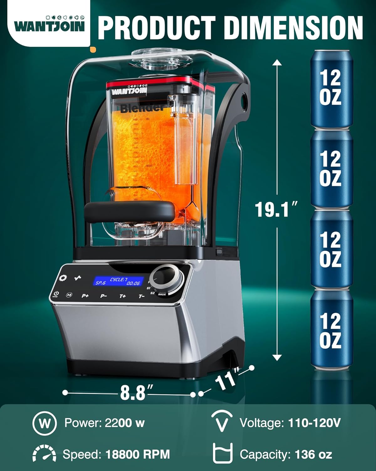 WantJoin Commercial Blender - 68 oz Quiet Commercial Blender for Smoothies with Sound Enclosure, 2200W Upgraded Copper Motor, 30000RPM, 7 Speeds, Blenders for Frozen Drinks, Juice, Soup