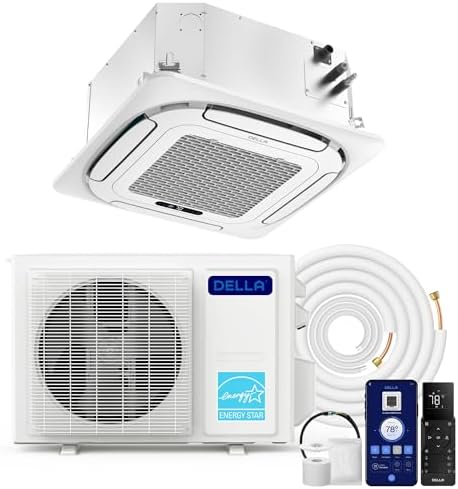 DELLA 9,500 BTU Ceiling Cassette Mini Split AC,Ultra Heat -13℉,23 SEER2 8-way 360° Airflow 230V,Energy Star,Work with Alexa,Pre-Charged Heat Pump Ductless Inverter System, Covers 400 Sq. Ft,16ft Kit