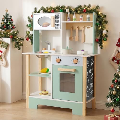 Costzon Kids Play Kitchen, Wooden Toy Kitchen w/Microwave, Water Sink, Oven, Stoves & Cookware Accessories, Pretend Kitchen Playset with Storage for Toddlers, Gift for Boys and Girls Aged 3+
