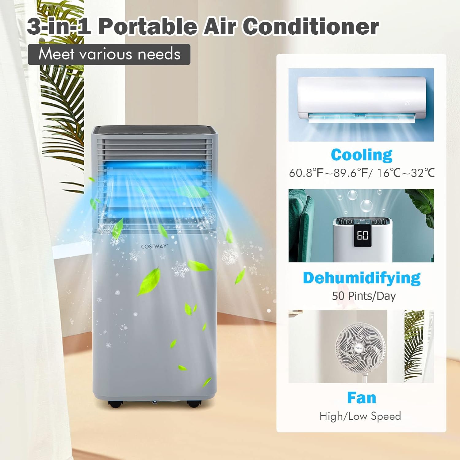 PETSITE Portable Air Conditioner, 10000 BTU AC Cooling Unit for Room, 3 in 1 AC Unit with Air Cooler & Fan & Dehumidifier Mode, Cools Up to 350 sq.ft (10000BTU, Grey)