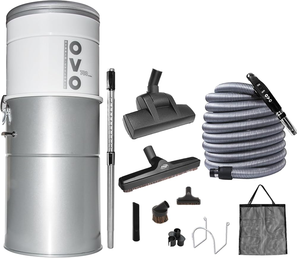 OVO Heavy Duty Powerful Central Vacuum System, Hybrid Filtration (with or Without Disposable Bags) 35L or 9.25Gal, 700 Airwatts with 35ft Deluxe Plus Accessory kit Included