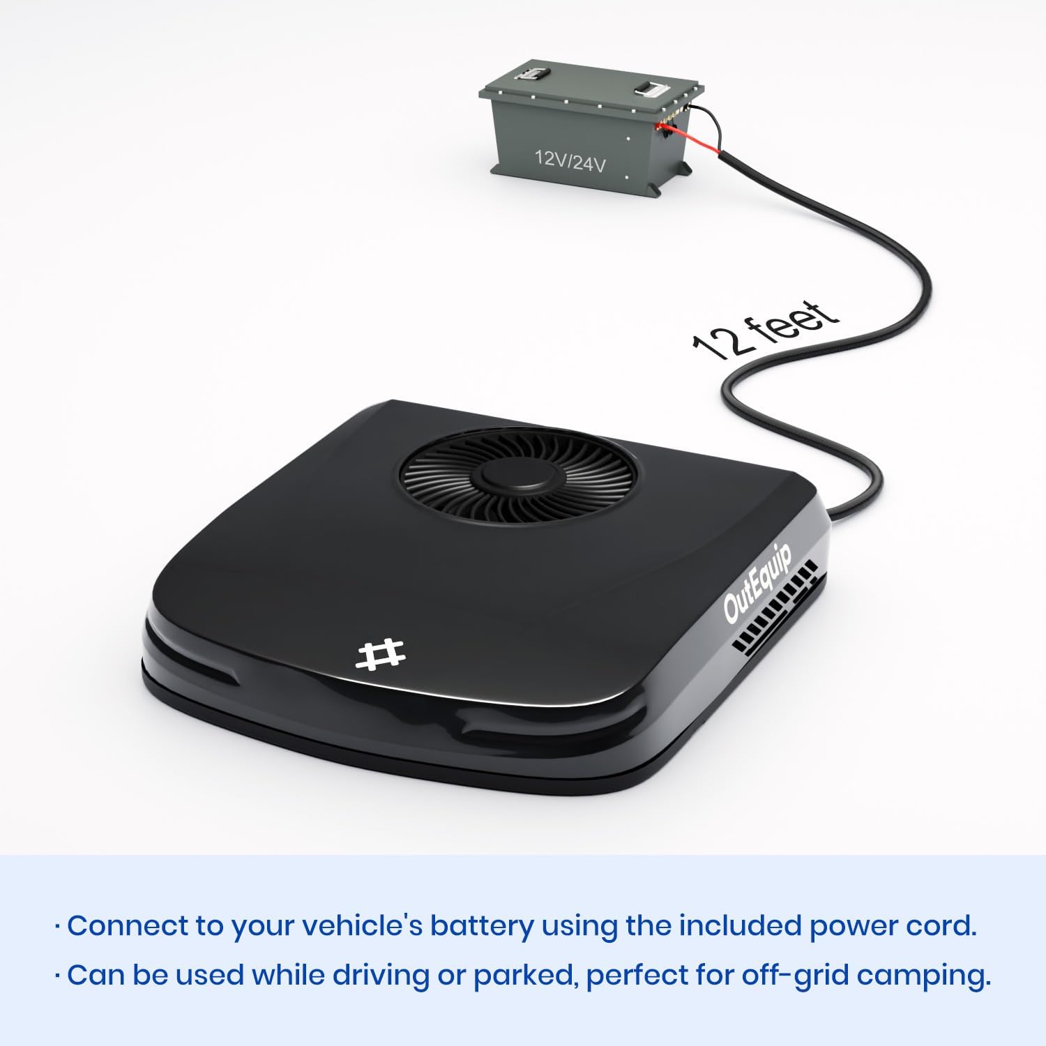 12V RV Rooftop Air Conditioner, 10,000 BTU Low Profile DC Air Conditioner – Quiet Battery Powered AC Unit for RV, Van, Camper, Truck, Trailer, Boat – Black Shell Design (No Heater)