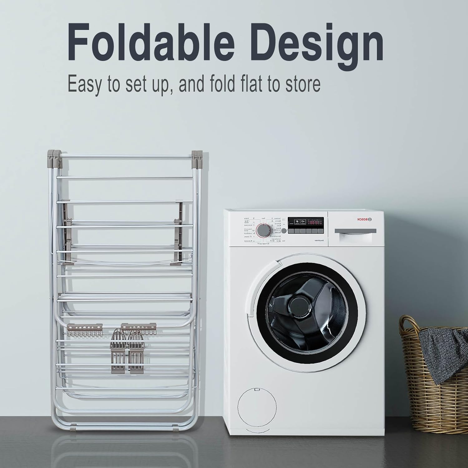 Clothes Drying Rack, Foldable 2-Level Laundry Racks for Drying Clothes Rack,Stainless Steel Drying Rack Clothing Collapsible for Indoor Outdoor,with Height-Adjustable Wings,Gray