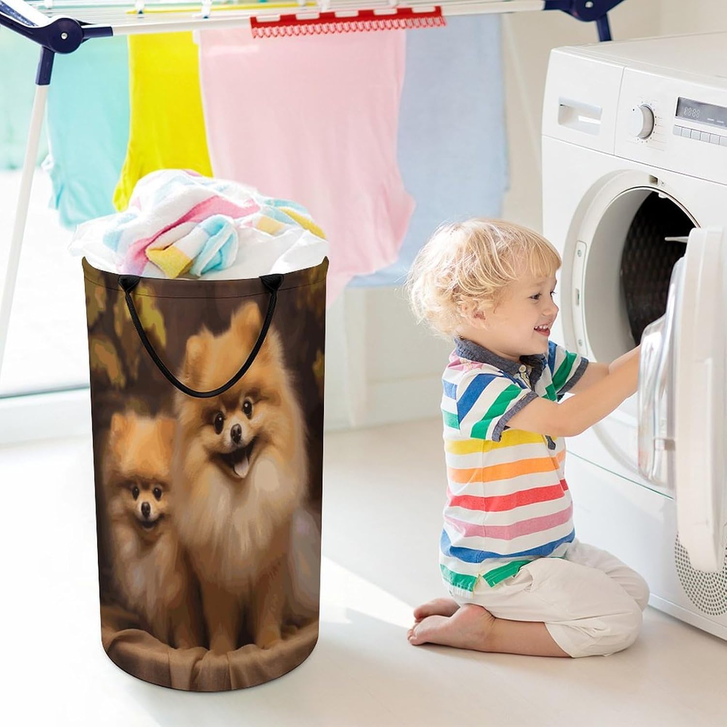 Yellow Pomeranian Laundry Basket Large And Freestanding Dirty Clothes Basket Collapsible Clothes Hampers with Handles for Bathroom Living Room Storage