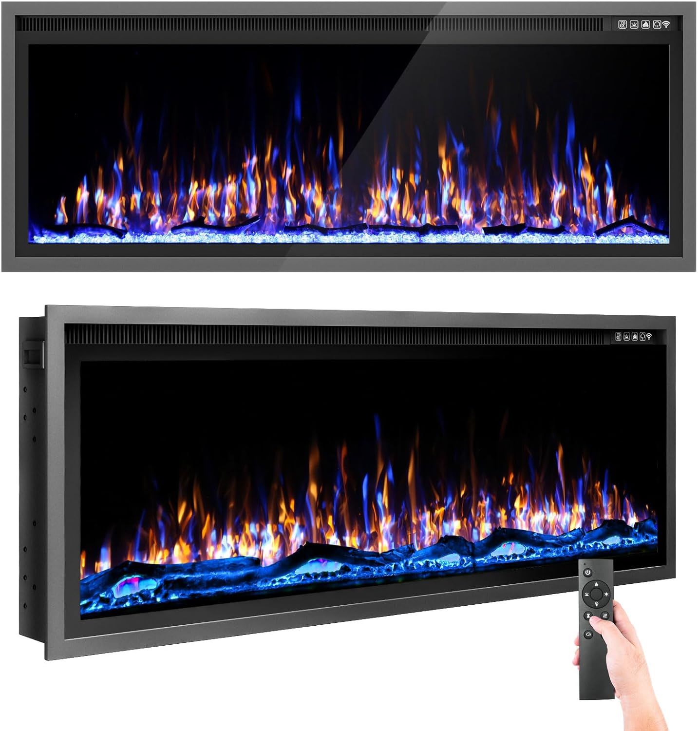 50 Inch Electric Fireplace Aluminum Frame-Ultra Silm Fireplace Recessed/Wall Mount, Log, Driftwood & Crystal Option, Wall Fireplace Electric w/Remote Control, Thermostat, Timer, 750w/1500w