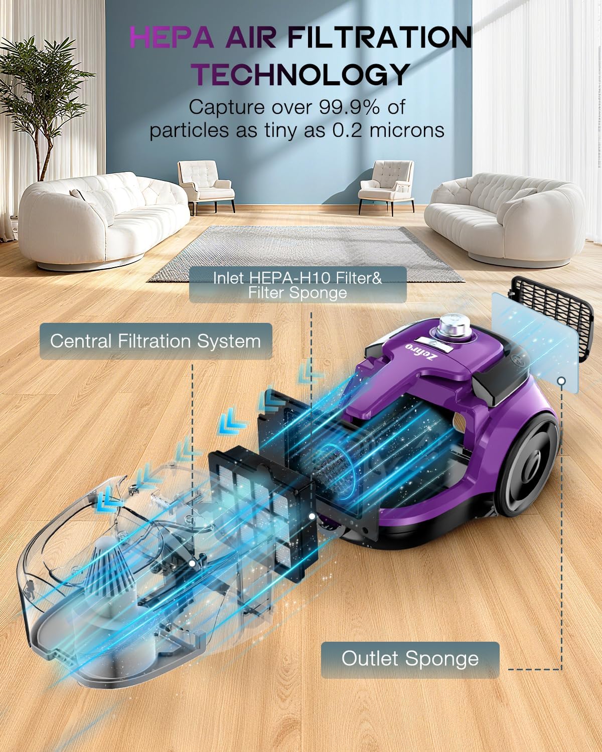 Zefiro Canister Vacuum Cleaner, Bagless Canister Vacuum for Home, Powerful Suction, Auto Cord Rewind, HEPA Filter, Corded Vacuum for Hard Floors, Carpet, Apartment/Rental Friendly(Purple&Black)