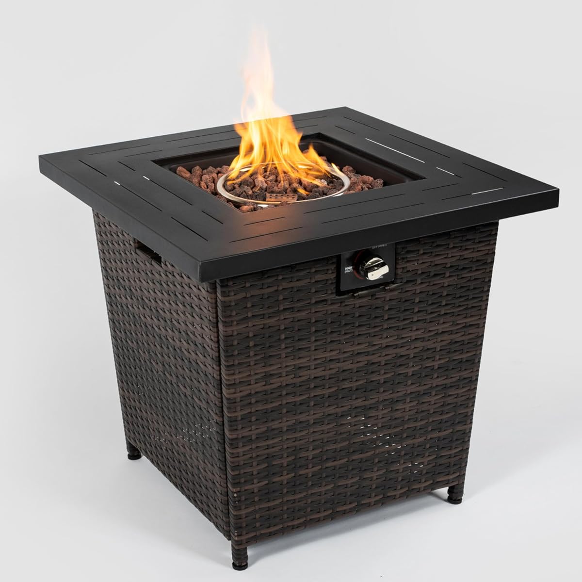 Outdoor Propane Gas Fire Pit Table, 50,000 BTU, 28-inch Square, Black Steel Top with Brown Wicker Base