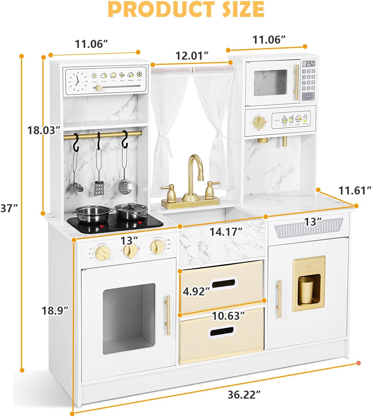 JOYLDIAS Play Kitchen, Wooden Kids Play Kitchen Playset Chef Pretend Play Set for Toddlers w/Ice Cube Dispenser, Oven, Cooking Accessories,Trendy Home Style w/Curtains, Storange Box, Gift for Ages 3+