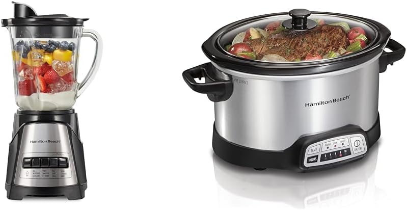 Hamilton Beach Power Elite Wave Action blender-for Shakes & Smoothies & Programmable Slow Cooker with Flexible Easy Programming, 5 Cooking Times, Dishwasher-Safe Crock, Lid, 4 Quart, Silver