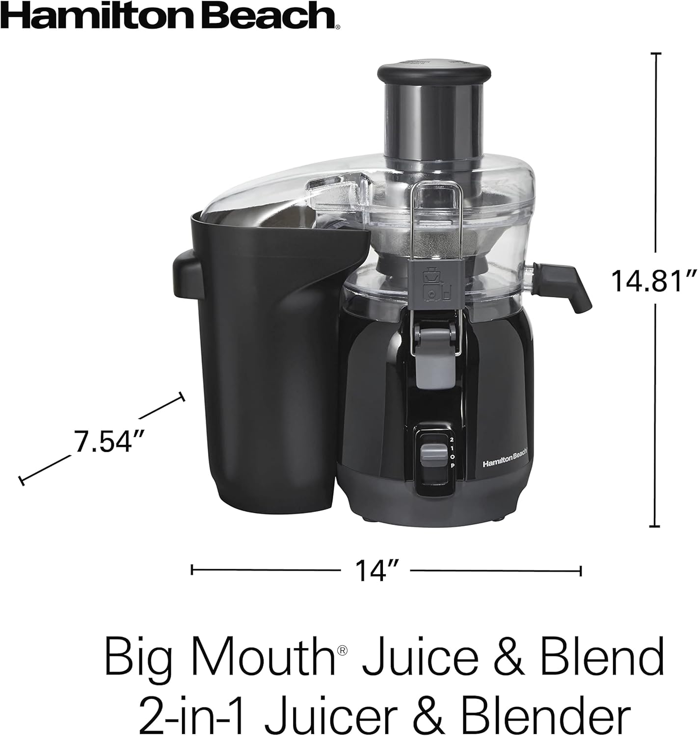 Hamilton Beach Juice & Blend 2-in-1 Juicer Machine and 20 oz. Blender, Big Mouth Large 3” Feed Chute for Whole Fruits and Vegetables, Easy to Clean, Centrifugal Extractor, 800W Motor, Black (67970)
