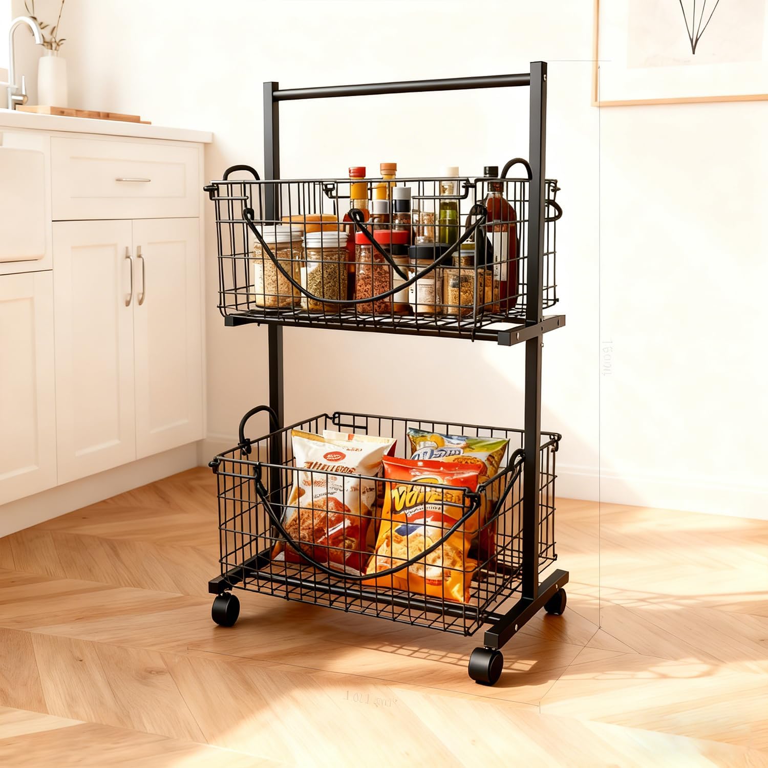 2 Tier Laundry Basket with Wheels & Removable Wire Laundry Cart, Space-Saving Vertical Laundry Sorter Cart on Lockable Wheels, Rolling Hamper Organizer for Laundry Room, Bathroom, Bedroom (Black)