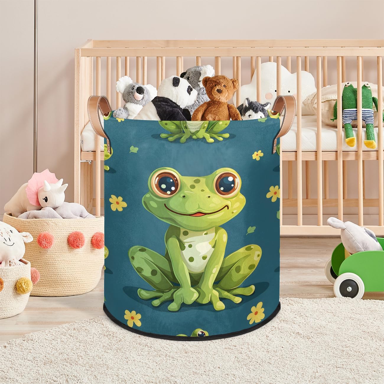 Daisy Frog Laundry Basket Collapsible Waterproof Storage Bin Organizer with Handles Round Dirty Clothes Nursery Hamper for Living Room Bedroom Bathroom Toys Box
