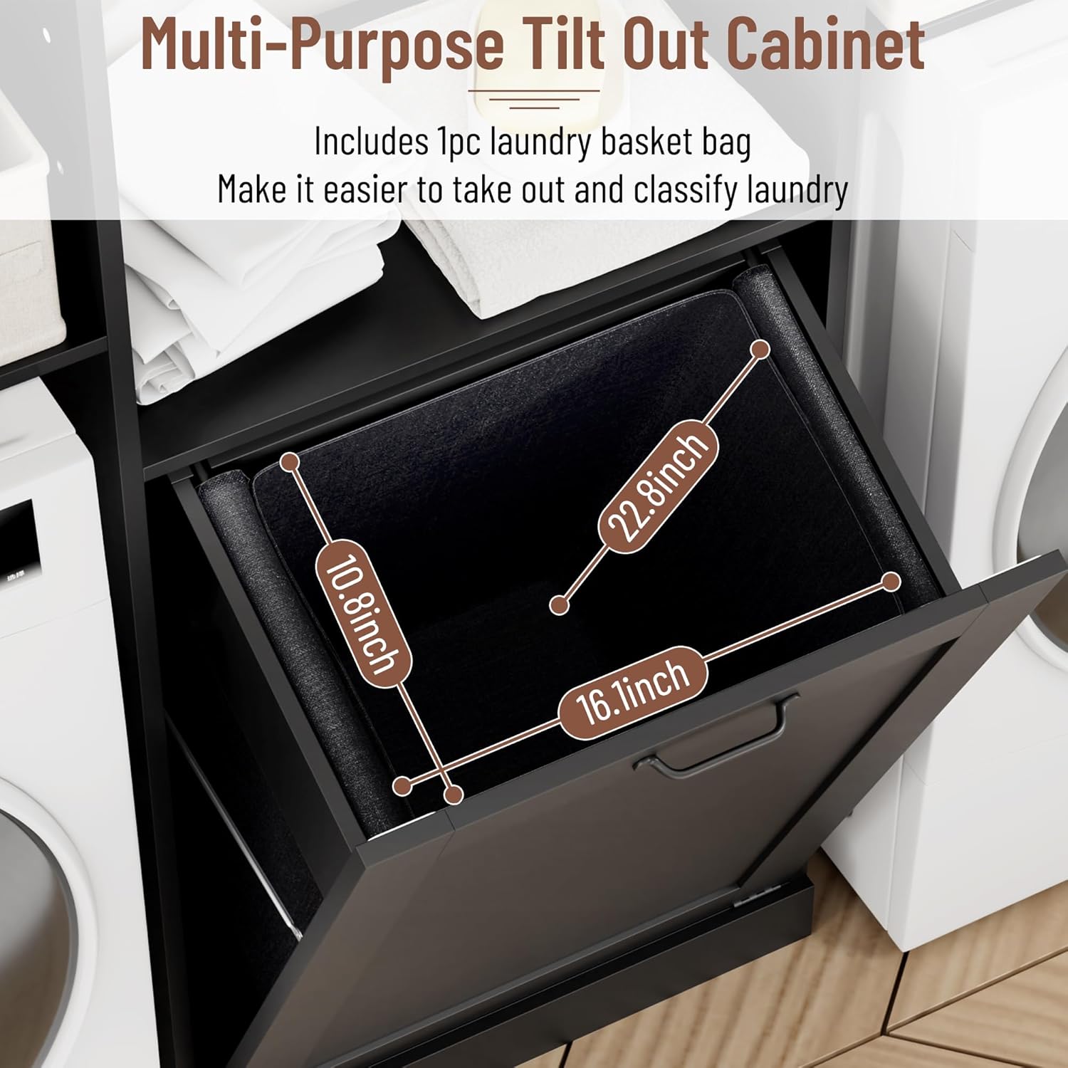 Over The Washer and Dryer Storage Cabinet, Laundry Room Organizer Standing Shelf with Tilt-Out Laundry Hamper Cabinet and Hooks, Space Saving Laundry Room Cabinets